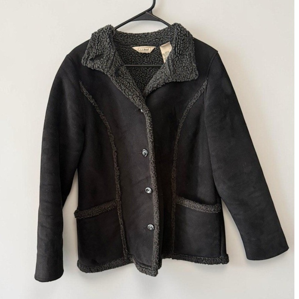 LL Bean Black Faux Shearling Sherpa Lined Jacket Petite Small 0GHP9 Coat